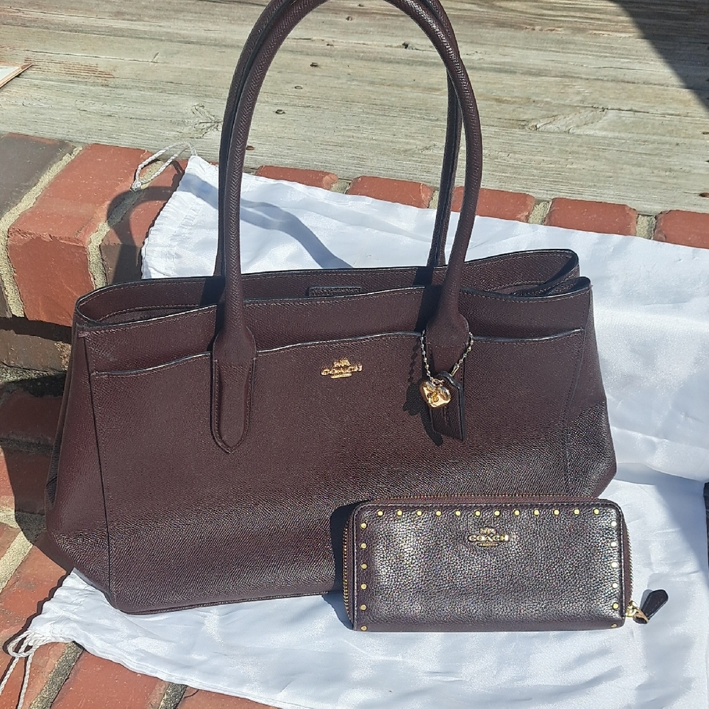 Coach Dark Brown Leather Tote and Wallet